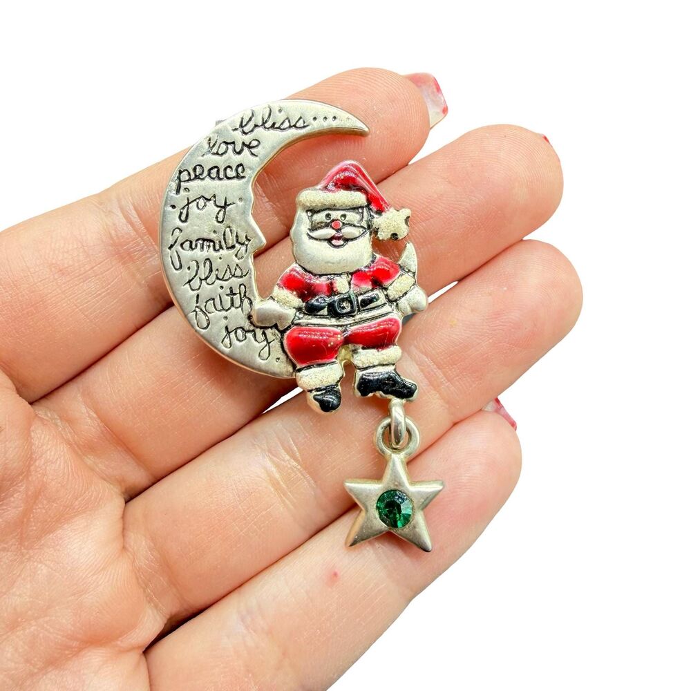 Vintage Christmas brooch Santa on the moon pin